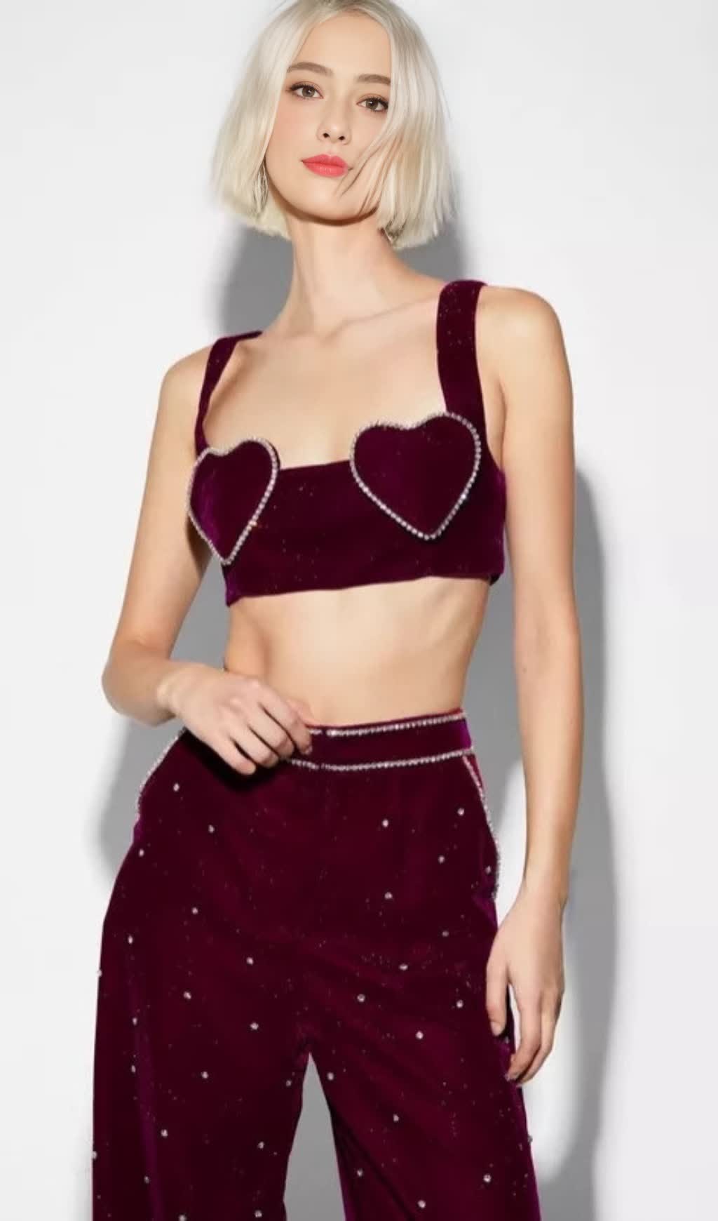 BURGUNDY LOVE - SHAPED BANDAGE CROP TOP HIGH - WAISTED WIDE - LEG PANTS SET