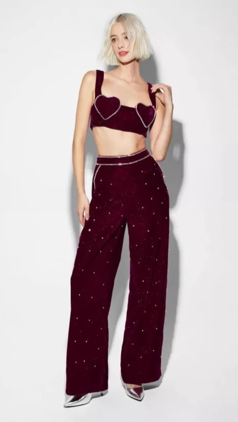BURGUNDY LOVE - SHAPED BANDAGE CROP TOP HIGH - WAISTED WIDE - LEG PANTS SET