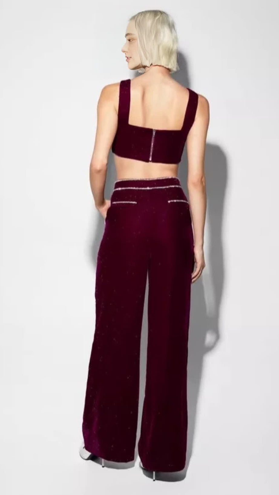 BURGUNDY LOVE - SHAPED BANDAGE CROP TOP HIGH - WAISTED WIDE - LEG PANTS SET