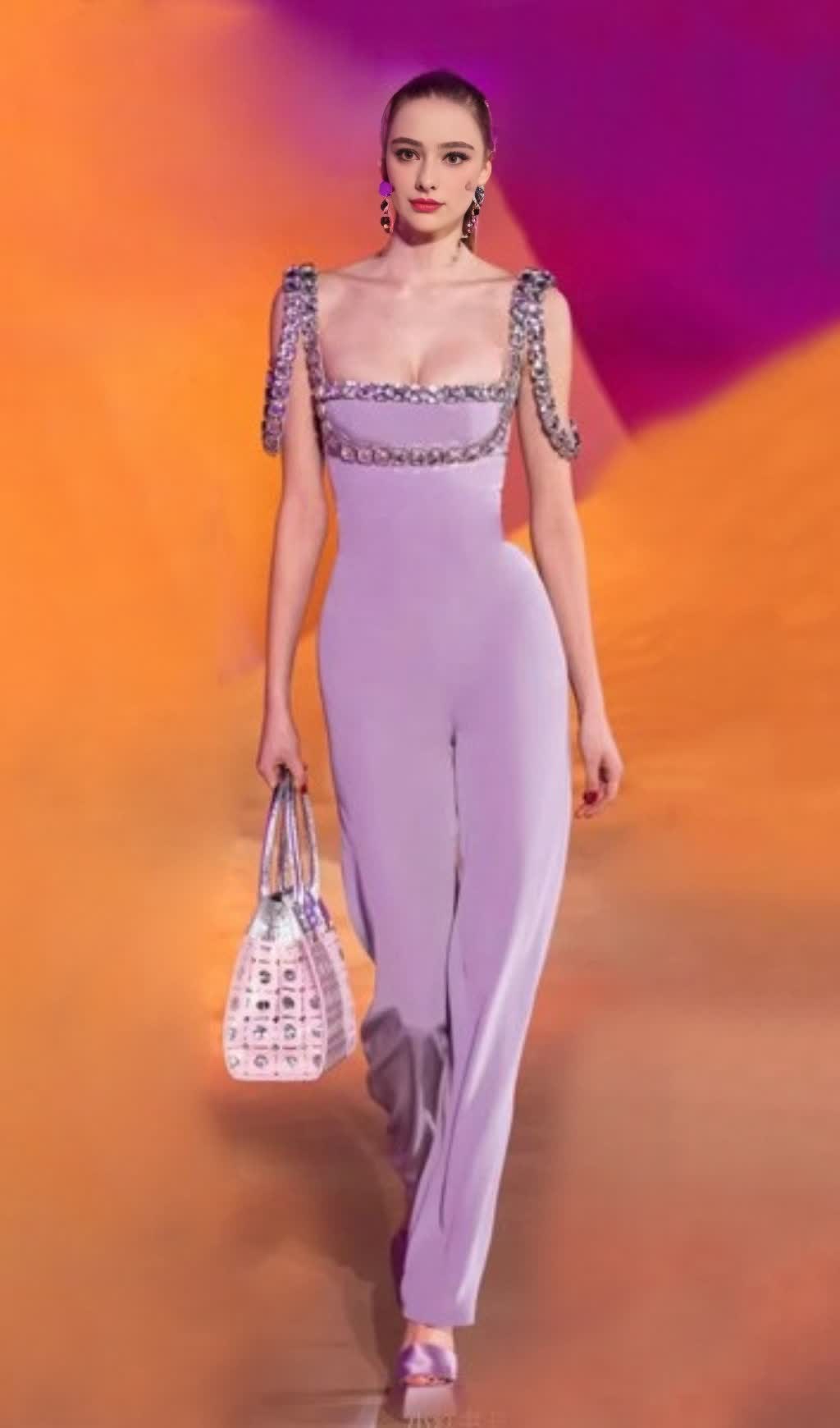 PURPLE JUMPSUIT WITH WIDE - LEG PANTS