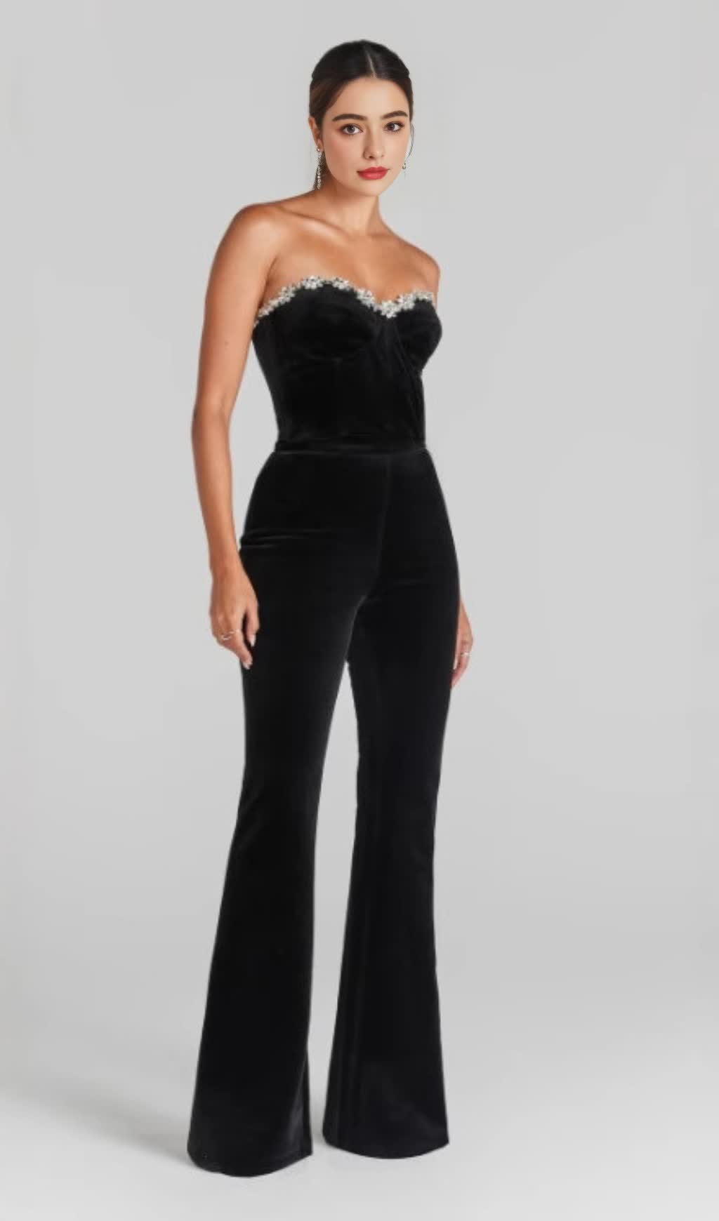 BLACK JUMPSUIT WITH WIDE - LEG PANTS