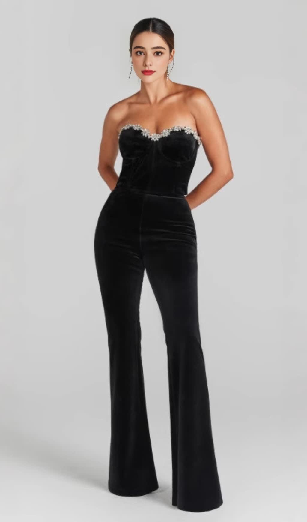 BLACK JUMPSUIT WITH WIDE - LEG PANTS