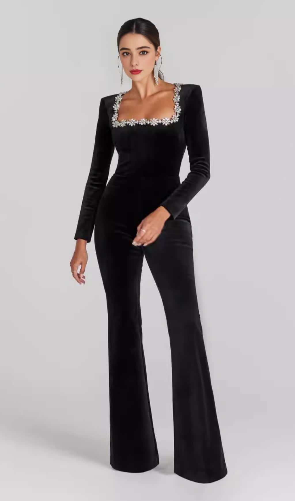 BLACK LONG - SLEEVED JUMPSUIT WITH WIDE - LEG PANTS