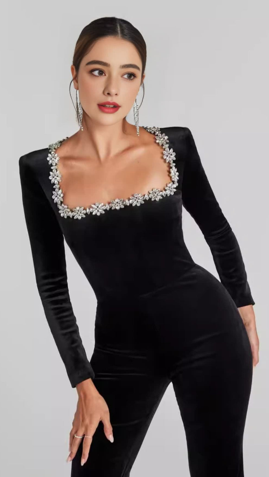 BLACK LONG - SLEEVED JUMPSUIT WITH WIDE - LEG PANTS