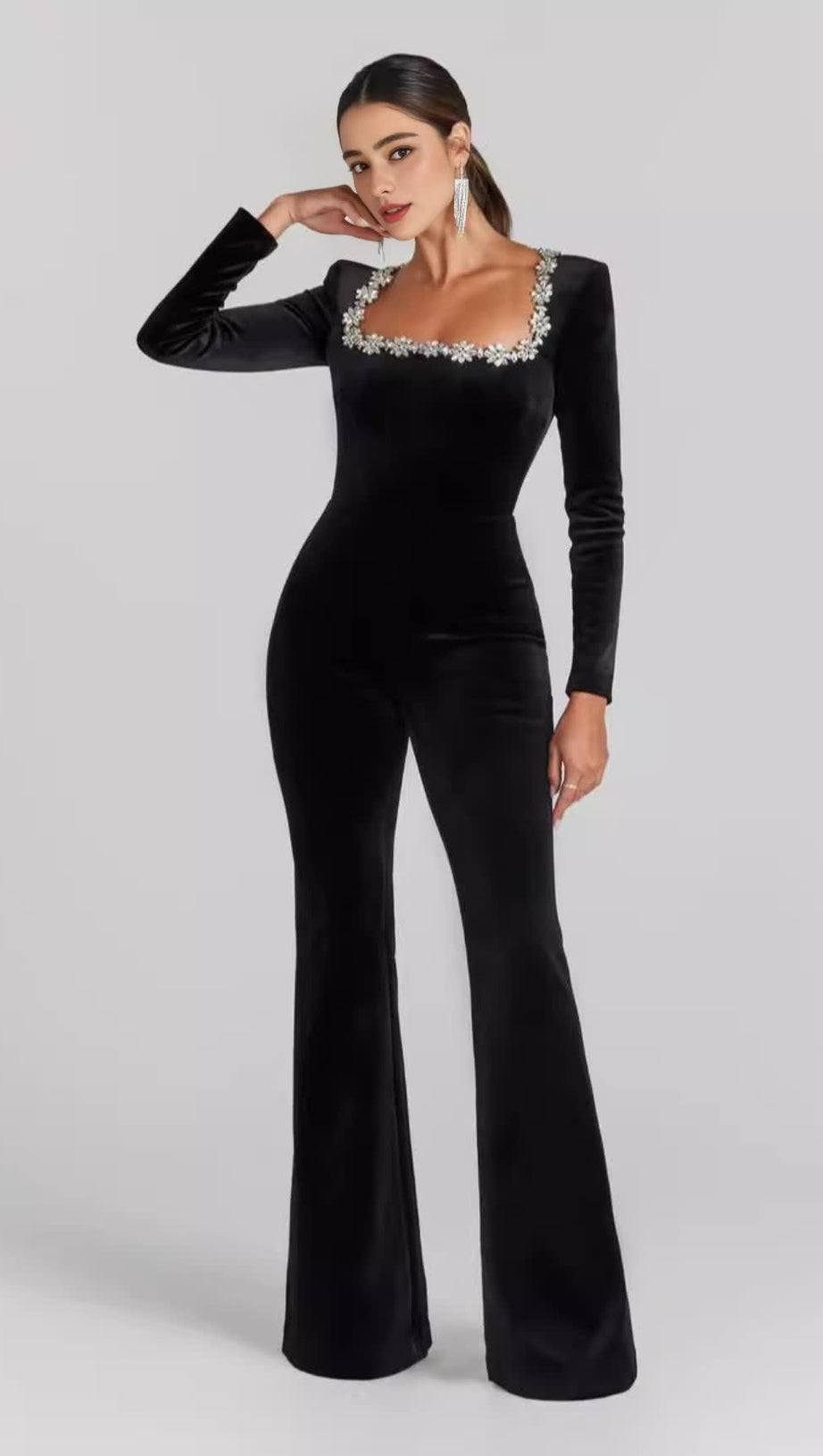 BLACK LONG - SLEEVED JUMPSUIT WITH WIDE - LEG PANTS