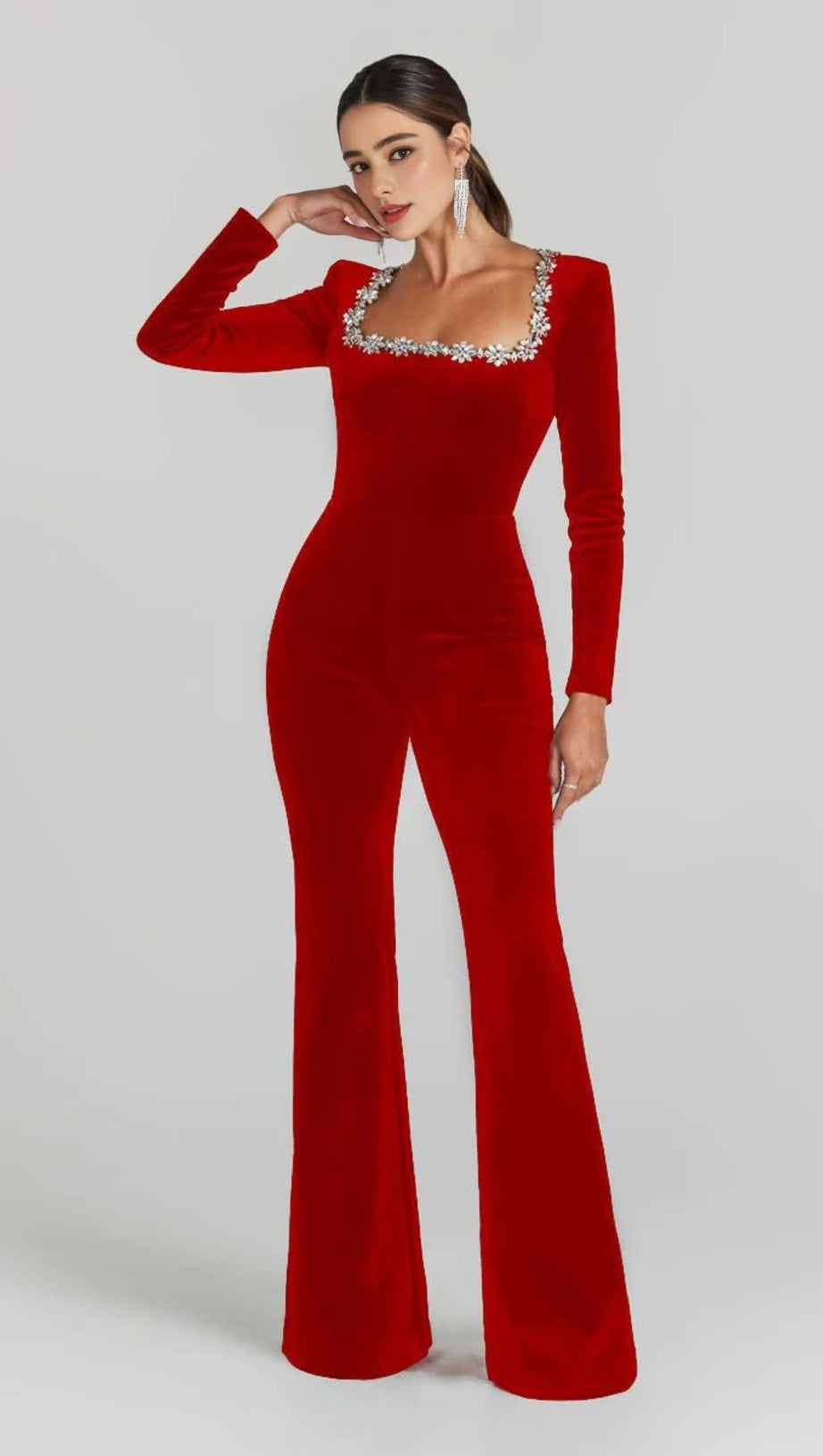 RED LONG - SLEEVED JUMPSUIT WITH WIDE - LEG PANTS
