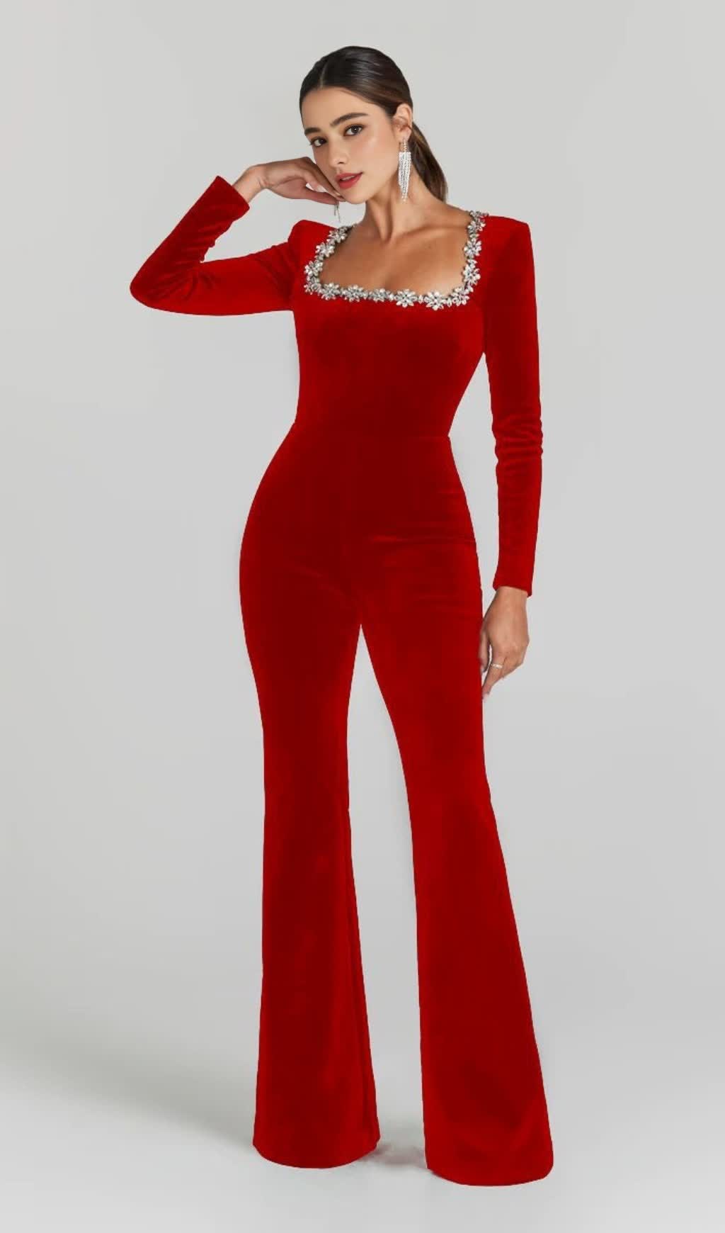 RED LONG - SLEEVED JUMPSUIT WITH WIDE - LEG PANTS