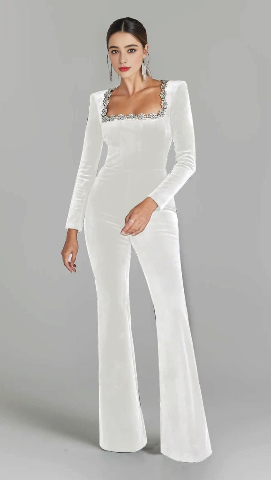 WHITE LONG - SLEEVED JUMPSUIT WITH WIDE - LEG PANTS