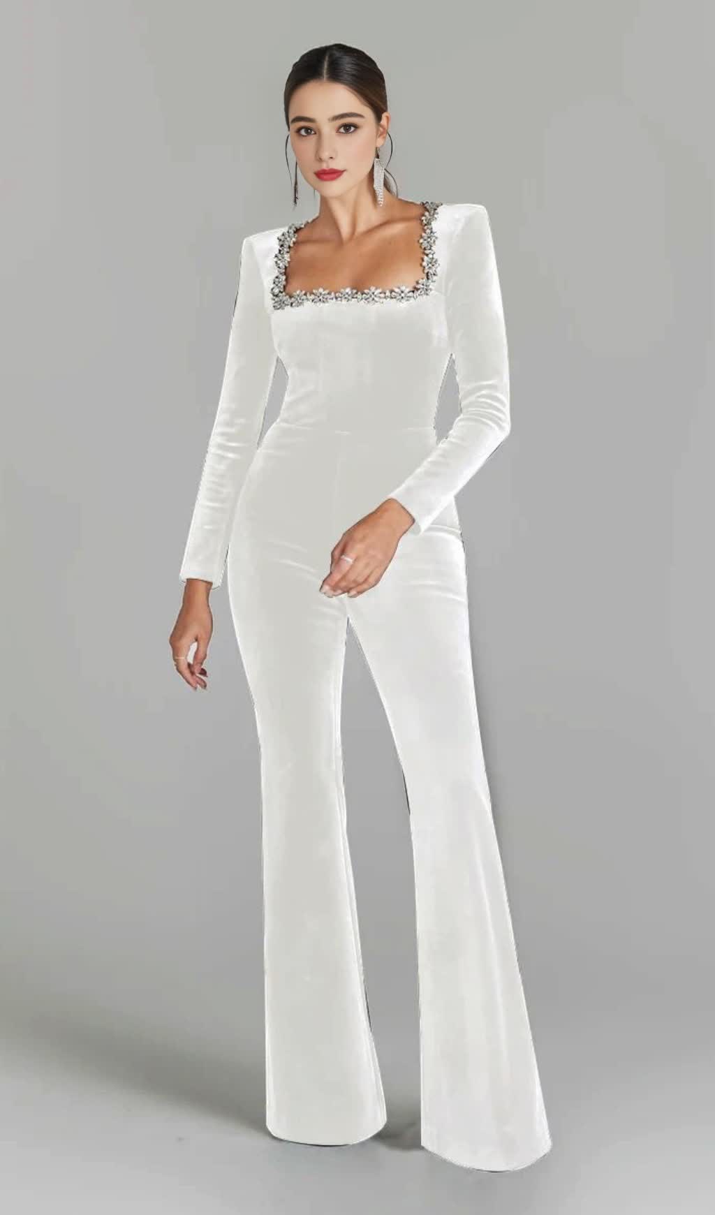 WHITE LONG - SLEEVED JUMPSUIT WITH WIDE - LEG PANTS