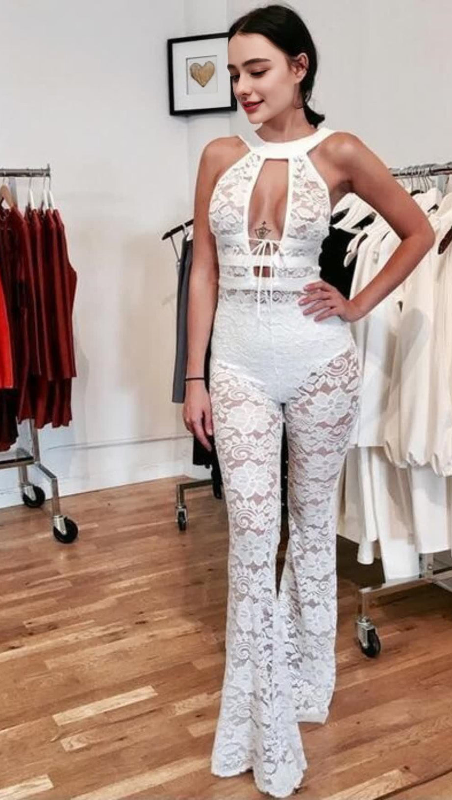 WHITE HALTER NECK LACE JUMPSUIT