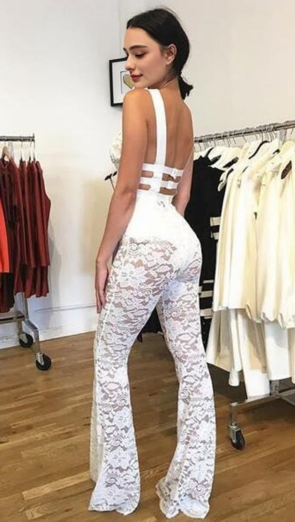 AIIZIE WHITE HALTER NECK LACE JUMPSUIT - product image