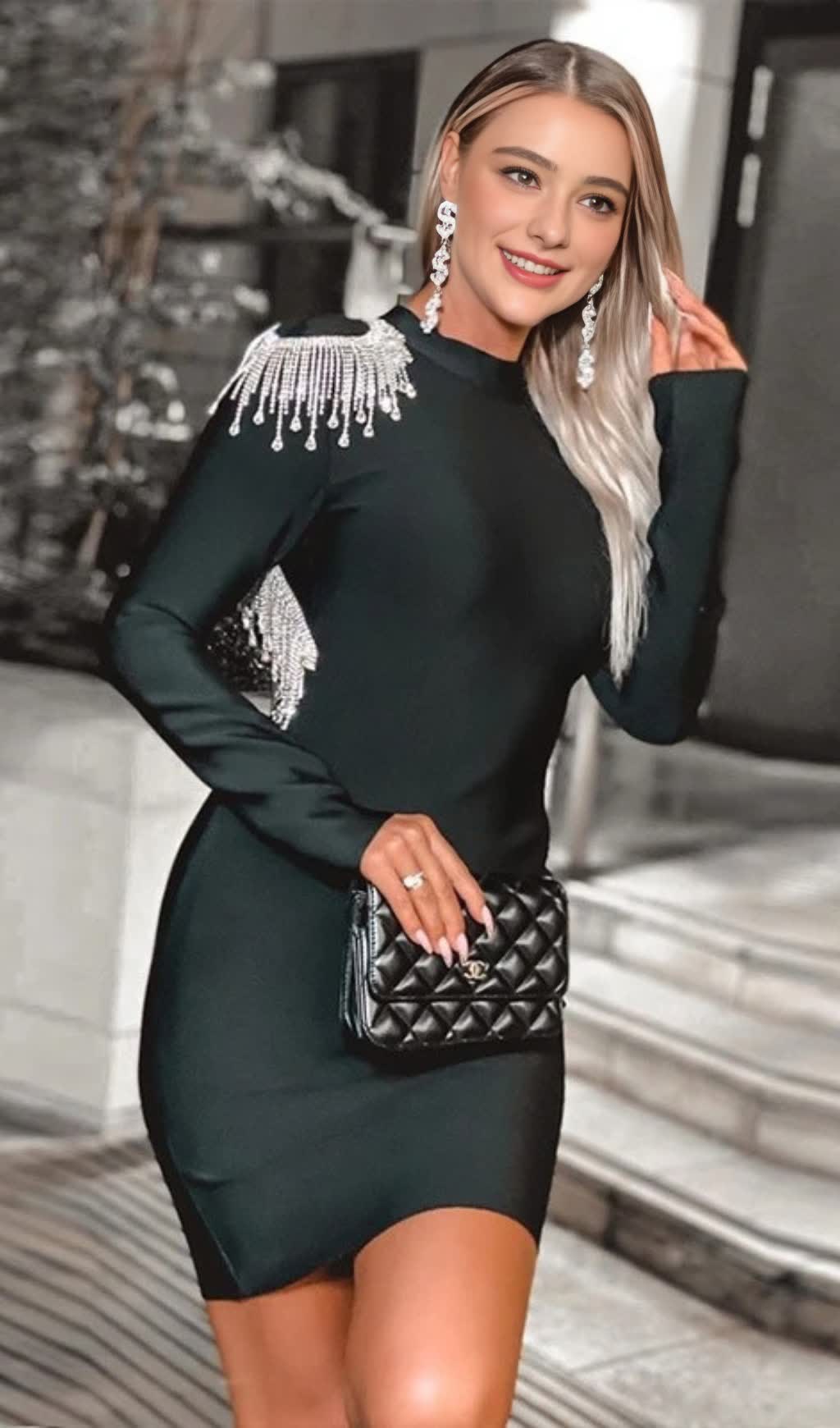 BLACK LONG - SLEEVED BACKLESS BEADED BANDAGE MINI DRESS