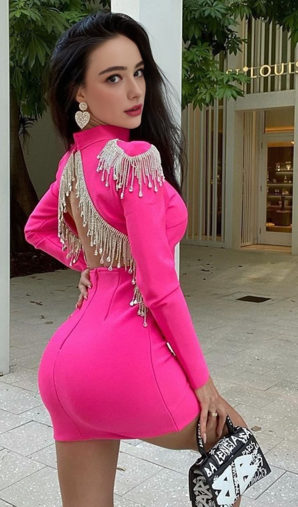 PINK LONG - SLEEVED BACKLESS BEADED BANDAGE MINI DRESS
