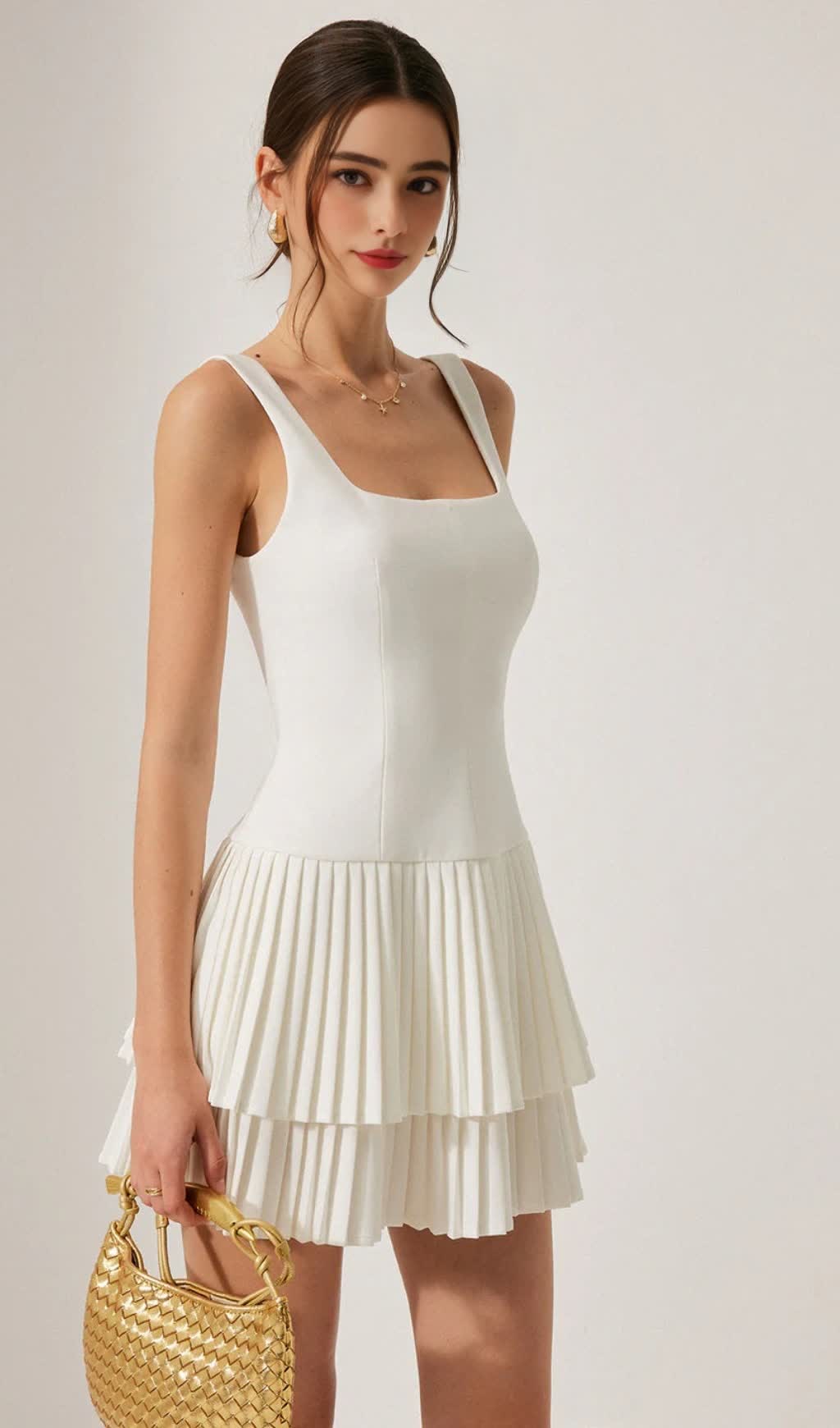 SQUARE NECK PLEATED LAYERED MINI DRESS