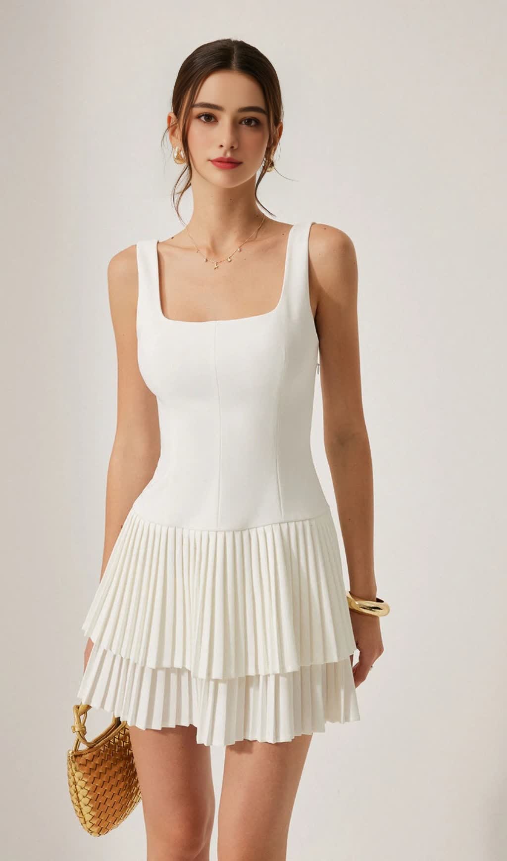 SQUARE NECK PLEATED LAYERED MINI DRESS