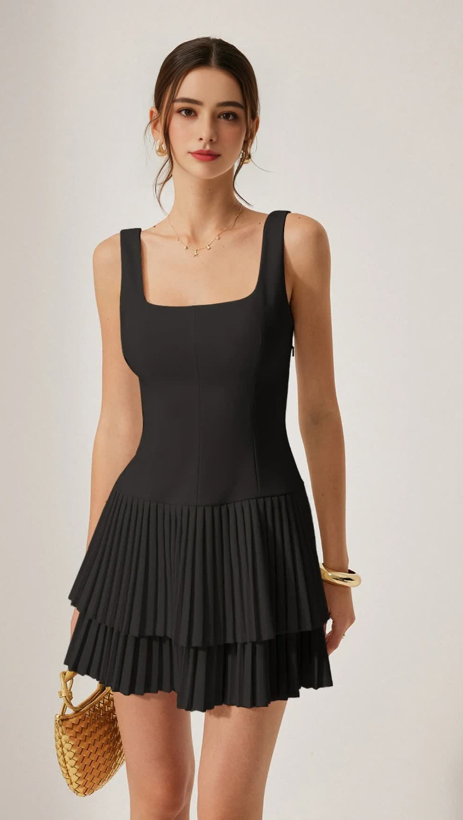 SQUARE NECK PLEATED LAYERED MINI DRESS