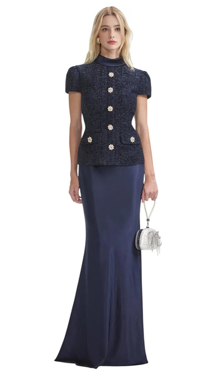 NAVY METALLIC BOUCLE MAXI DRESS