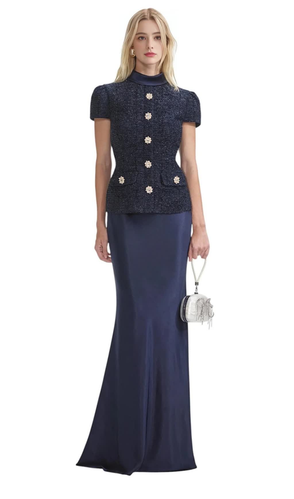 NAVY METALLIC BOUCLE MAXI DRESS