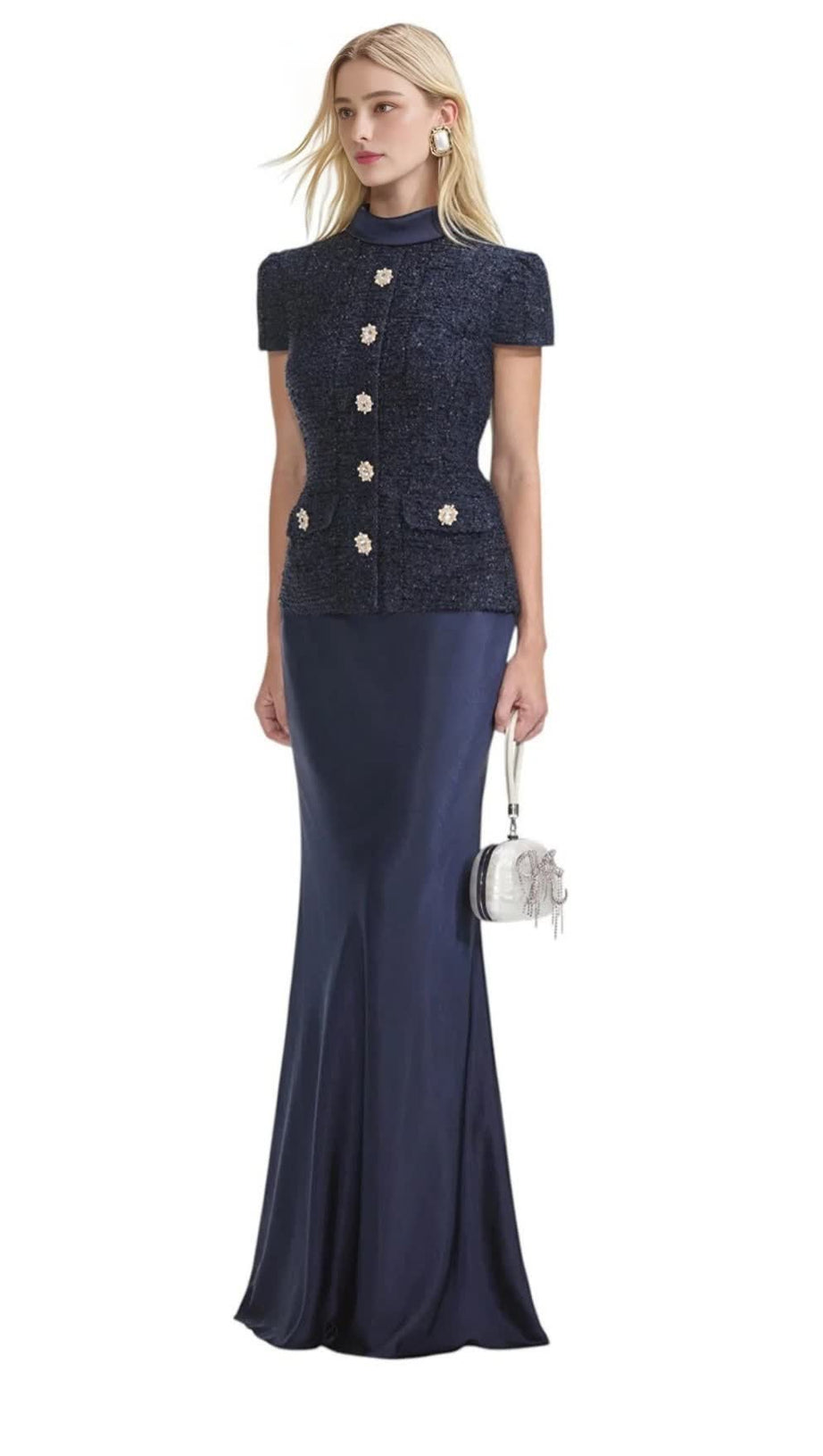 NAVY METALLIC BOUCLE MAXI DRESS