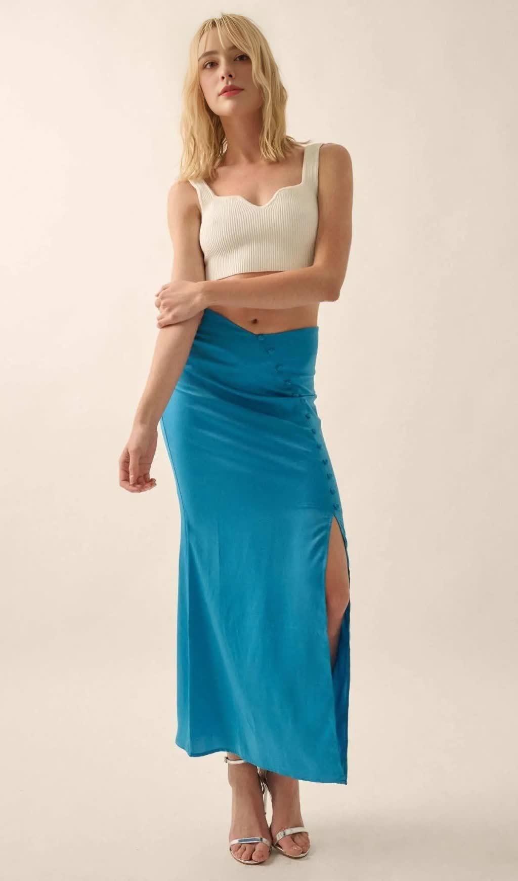 Curve Matte Satin Buttoned Maxi Skirt
