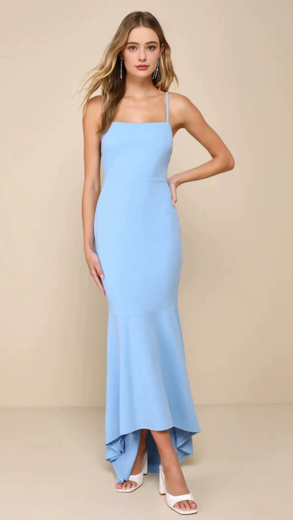 AIIZIE STUNNING ENCHANTMENT LIGHT BLUE BACKLESS TRUMPET HEM MAXI DRESS - product image