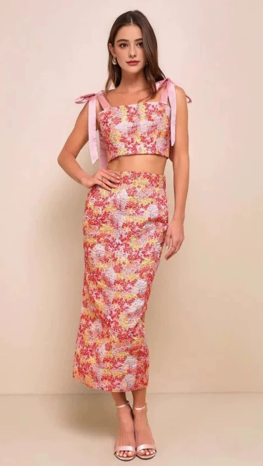 PINK MULTI METALLIC TIE-STRAP TWO-PIECE MIDI DRESS