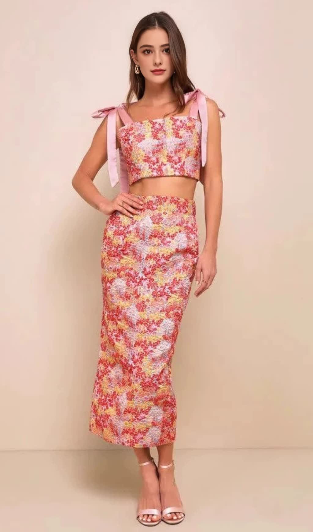 PINK MULTI METALLIC TIE-STRAP TWO-PIECE MIDI DRESS