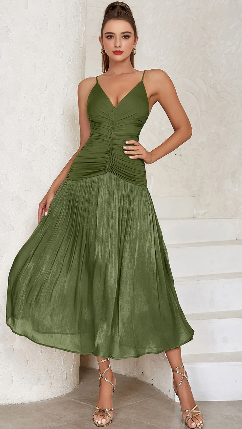 GREEN STRAPLESS DRESS WITH PLEATED PANELS MIDI DRESS