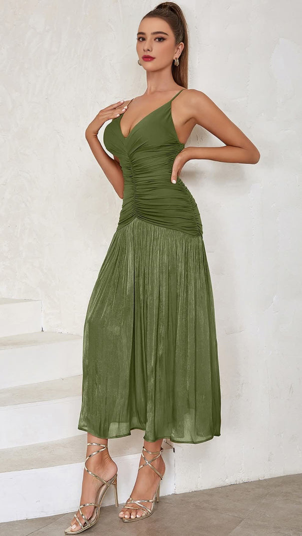 AIIZIE GREEN STRAPLESS DRESS WITH PLEATED PANELS MIDI DRESS - product image