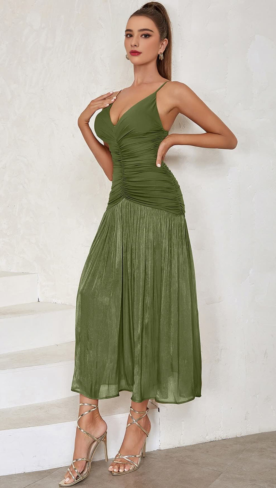 GREEN STRAPLESS DRESS WITH PLEATED PANELS MIDI DRESS