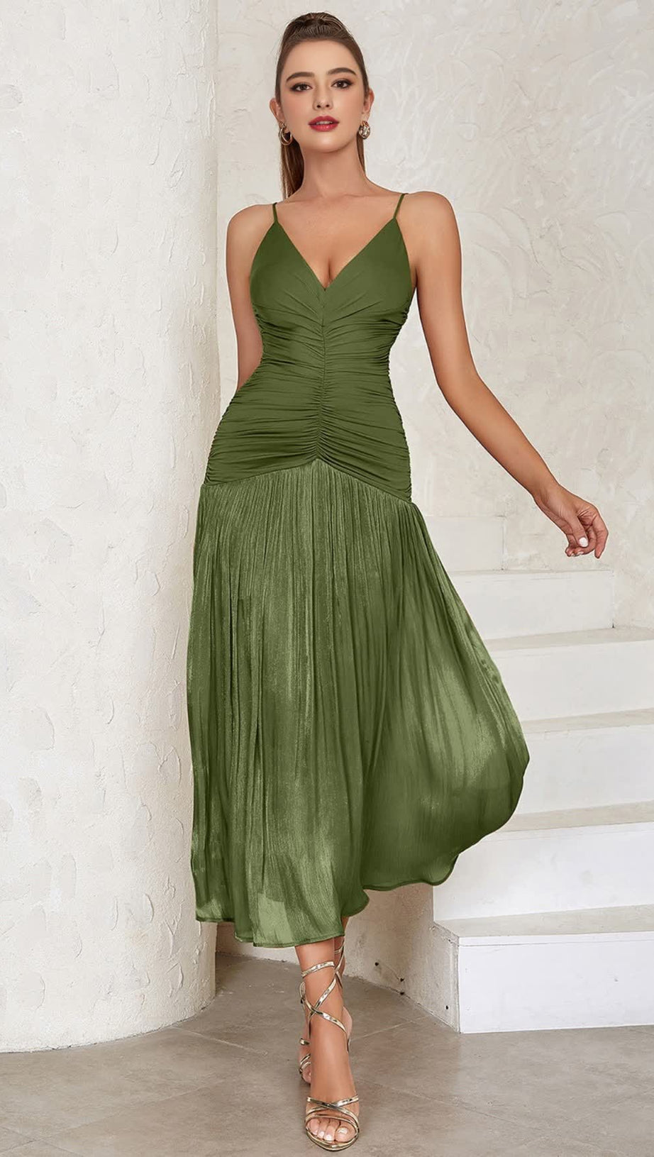 GREEN STRAPLESS DRESS WITH PLEATED PANELS MIDI DRESS