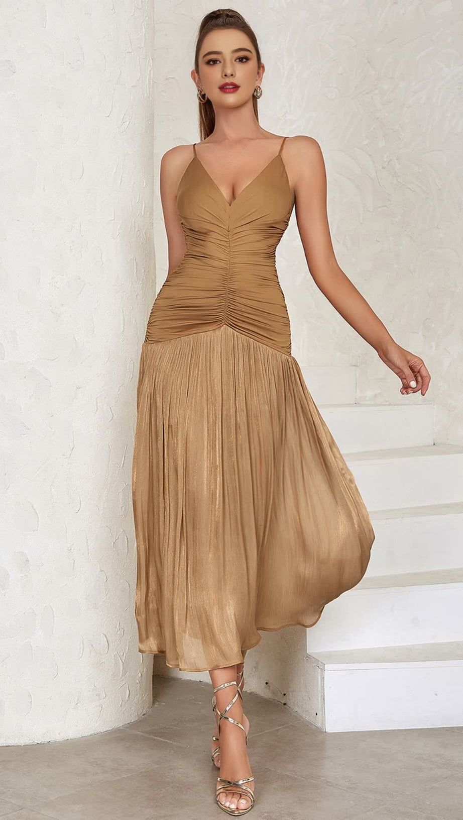 BROWN STRAPLESS DRESS WITH PLEATED PANELS MIDI DRESS