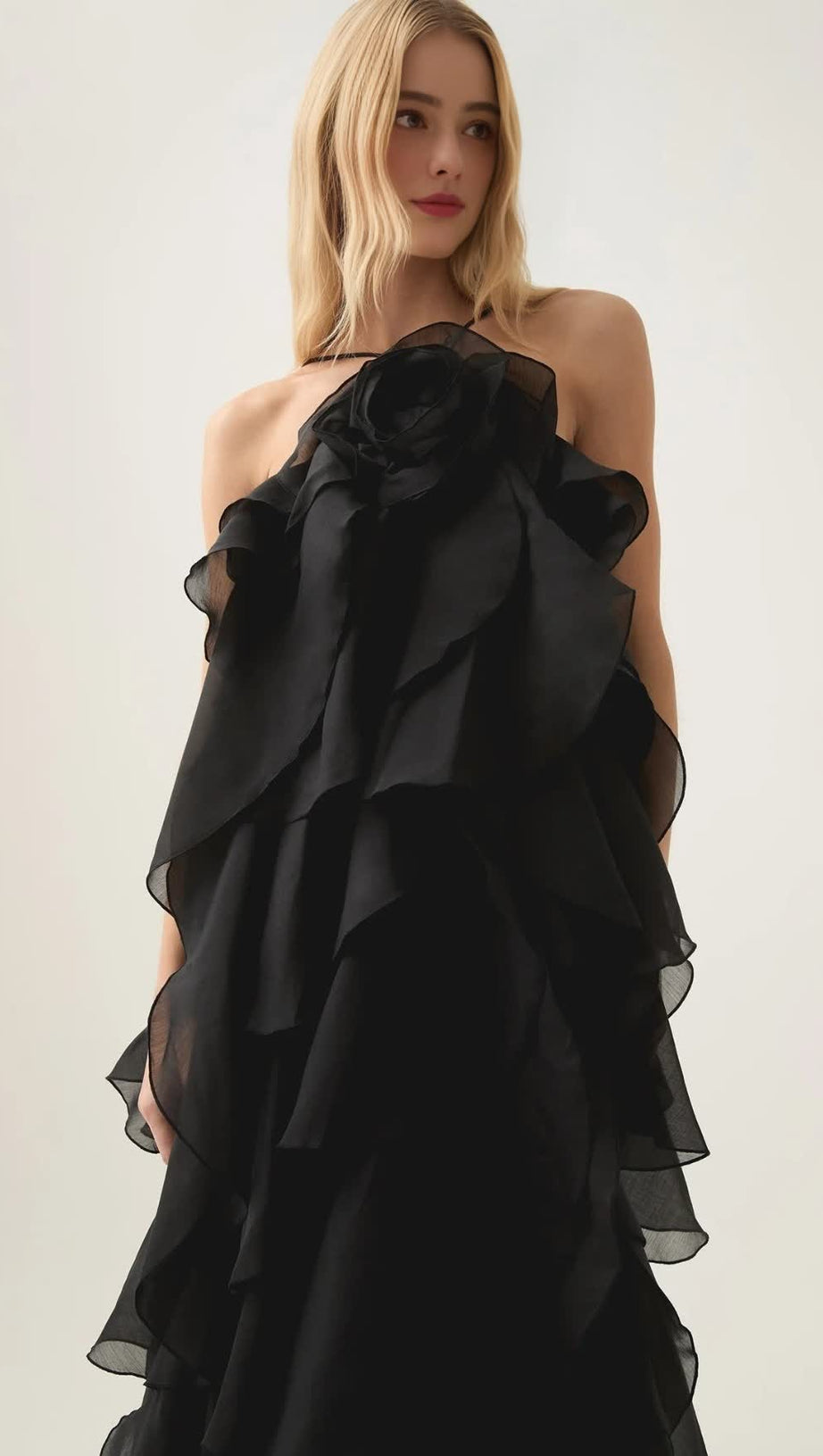 OFF-SHOULDER RUFFLE LAYERED MAXI DRESS IN BLACK
