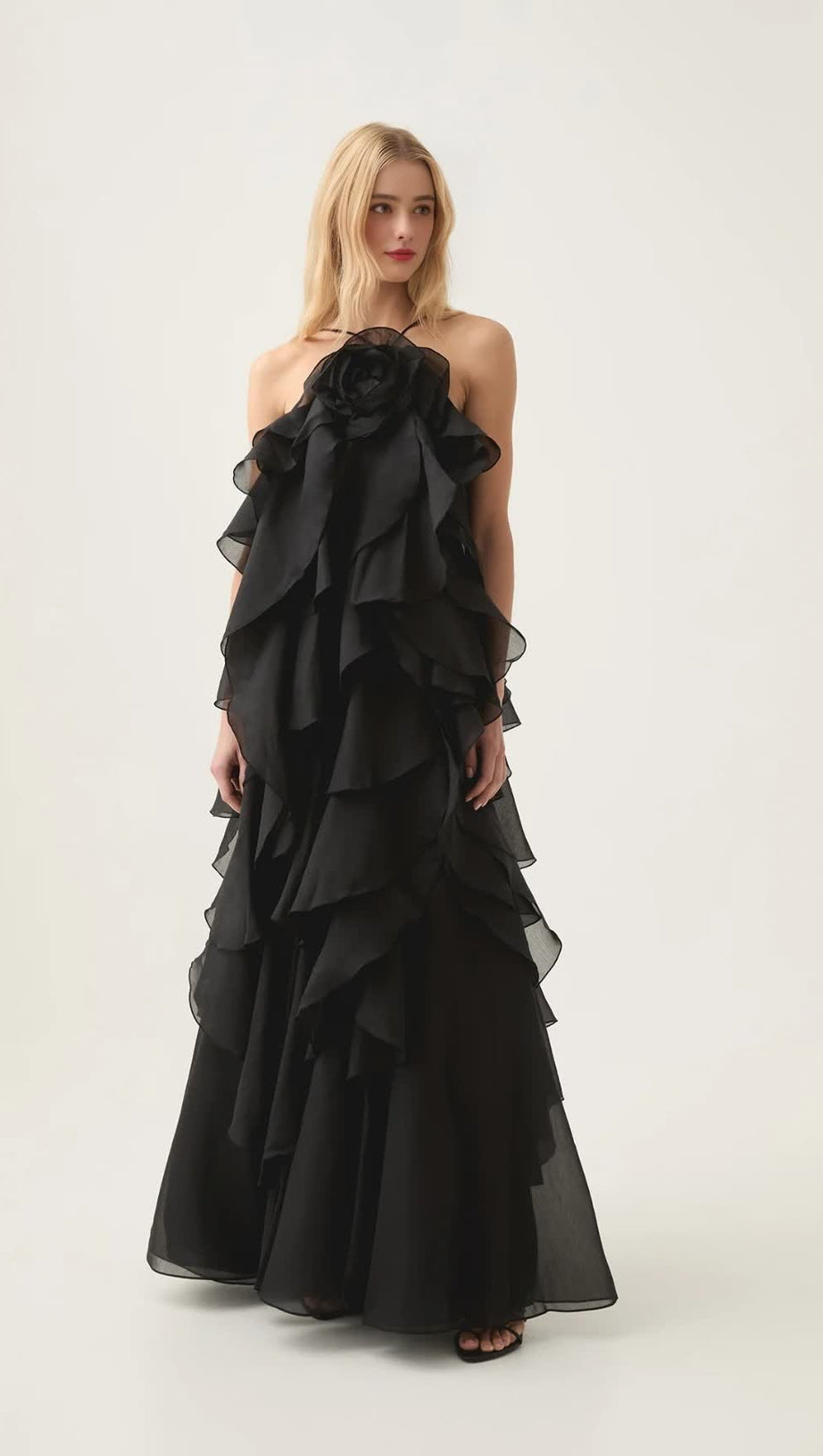 OFF-SHOULDER RUFFLE LAYERED MAXI DRESS IN BLACK