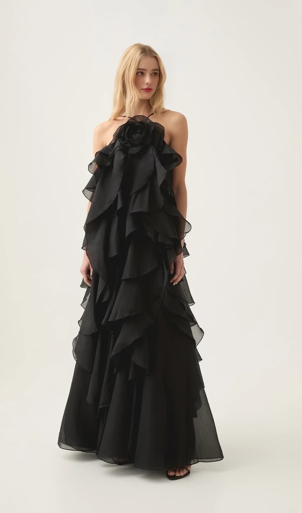 OFF-SHOULDER RUFFLE LAYERED MAXI DRESS IN BLACK