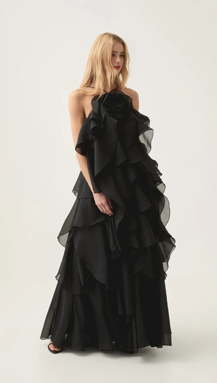 OFF-SHOULDER RUFFLE LAYERED MAXI DRESS IN BLACK