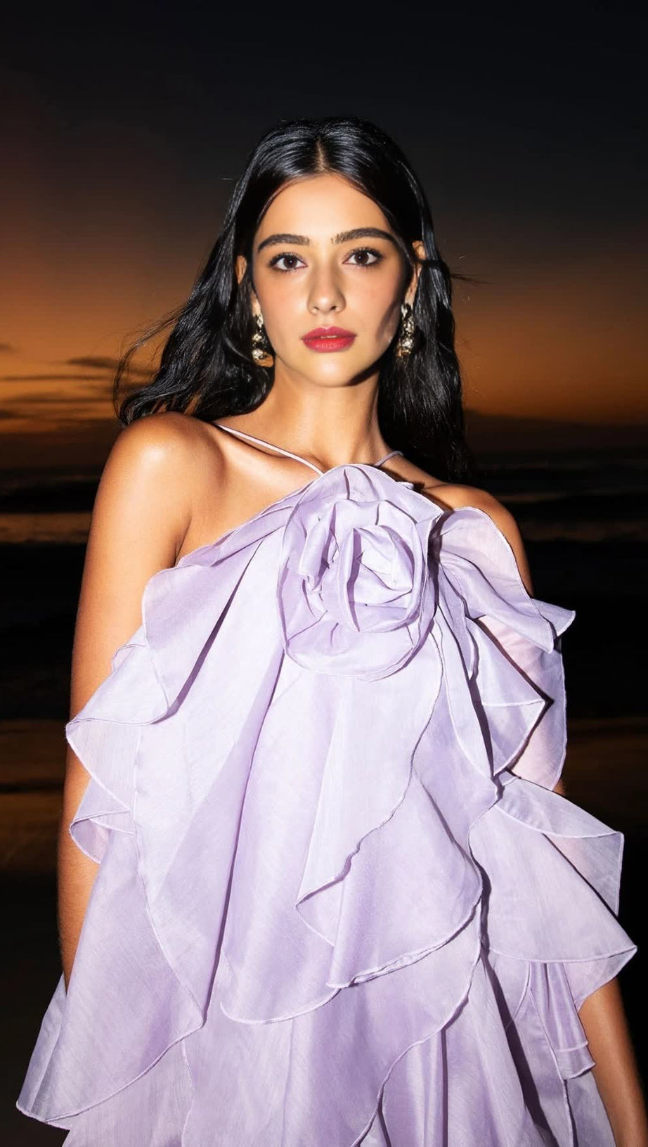 OFF-SHOULDER RUFFLE LAYERED MAXI DRESS IN PURPLE