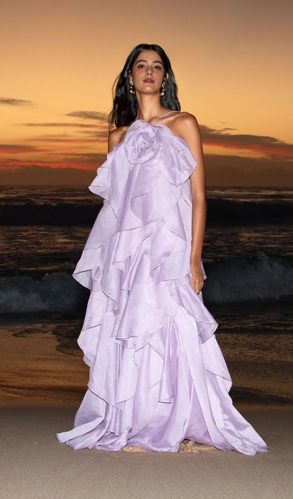 OFF-SHOULDER RUFFLE LAYERED MAXI DRESS IN PURPLE