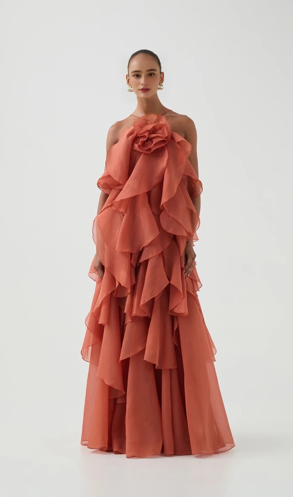 OFF-SHOULDER RUFFLE LAYERED MAXI DRESS IN CORAL CLAY