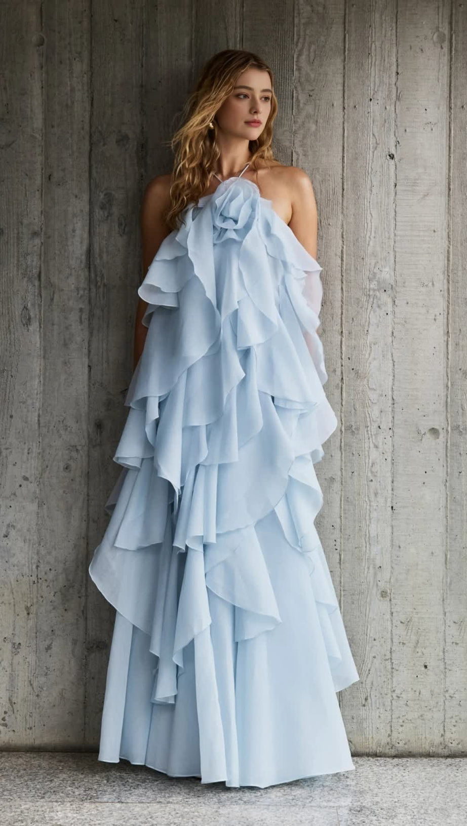 OFF-SHOULDER RUFFLE LAYERED MAXI DRESS IN BLUE