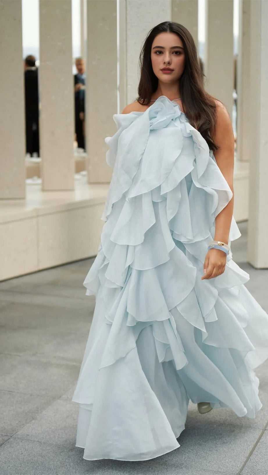 OFF-SHOULDER RUFFLE LAYERED MAXI DRESS IN BLUE