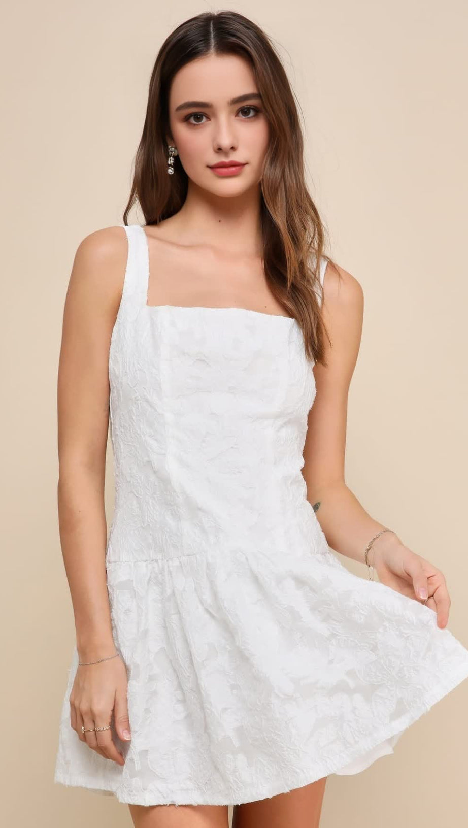 EXUBERANT ELEGANCE WHITE JACQUARD DROP WAIST MINI DRESS