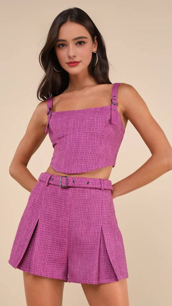 AIIZIE BOLD CUTIE PURPLE TWEED BUCKLE STRAP CROP TANK TOP - product image