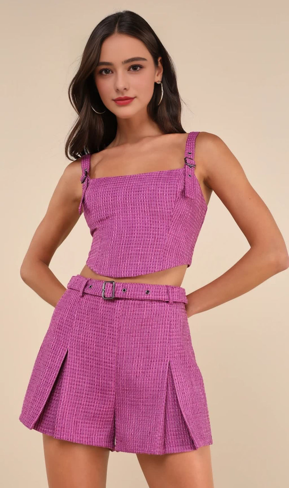 Bold Cutie Purple Tweed Buckle Strap Crop Tank Top