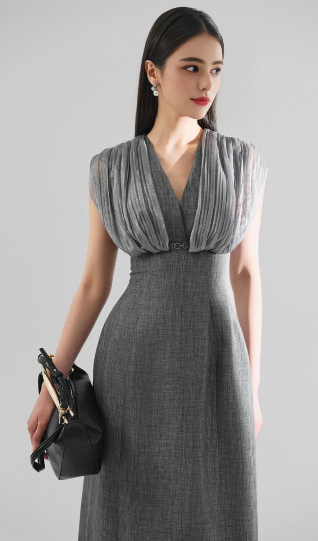 MESH STITCHING SLEEVELESS MIDI DRESS IN GREY