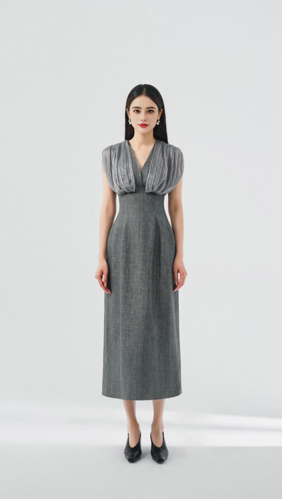 MESH STITCHING SLEEVELESS MIDI DRESS IN GREY