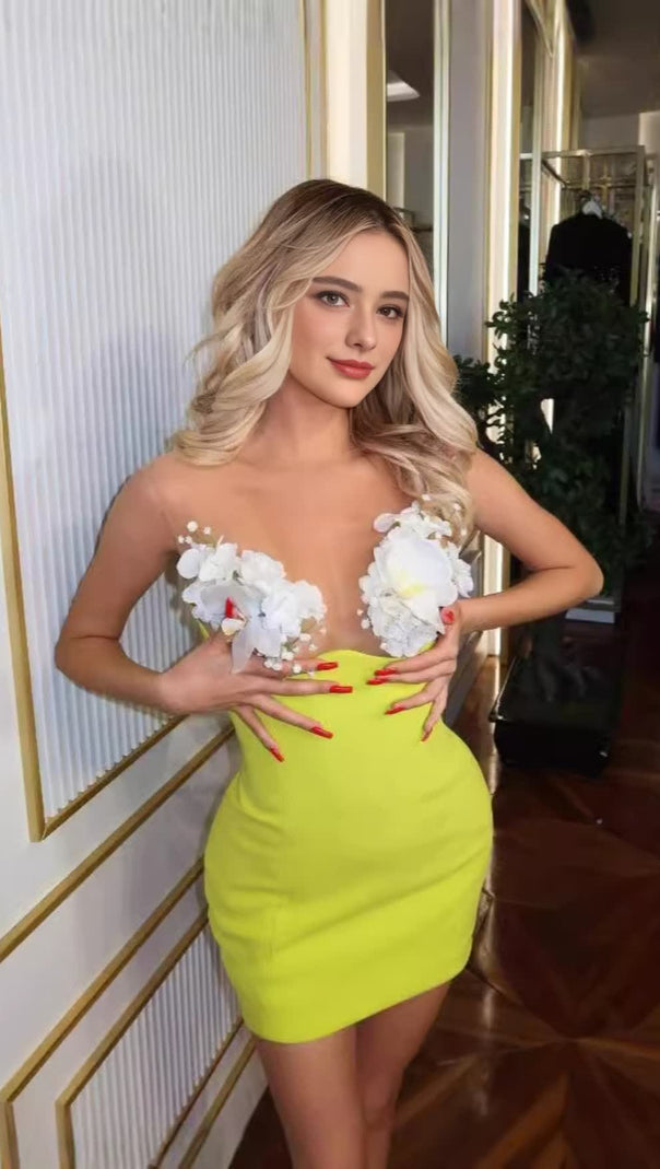 AIIZIE FLORAL YELLOW-GREEN TIGHT BANDAGE MINI DRESS - product image