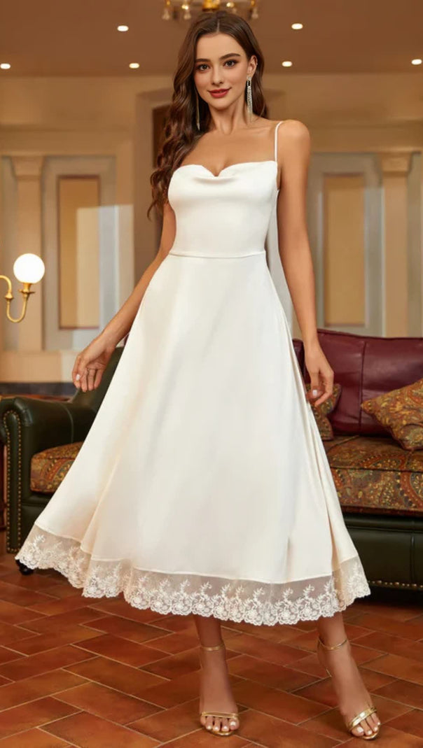 AIIZIE SATIN LACE PANELLED SUSPENDER MIDI DRESS IN WHITE - product image