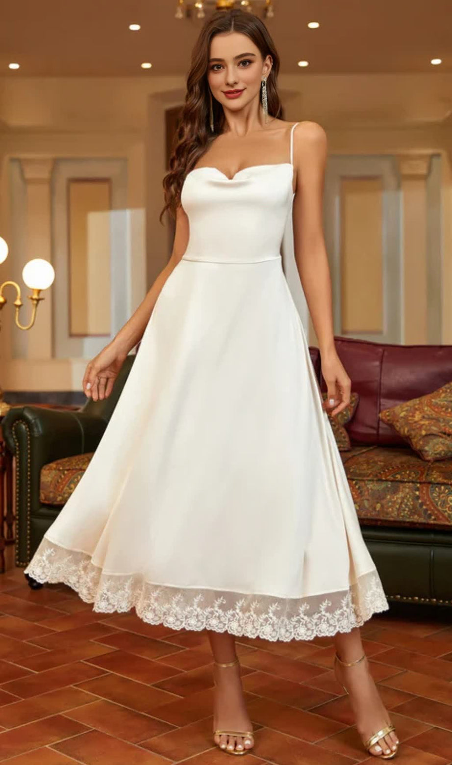 Satin lace panelled suspender midi dress in white