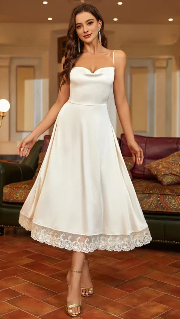 AIIZIE SATIN LACE PANELLED SUSPENDER MIDI DRESS IN WHITE - product image